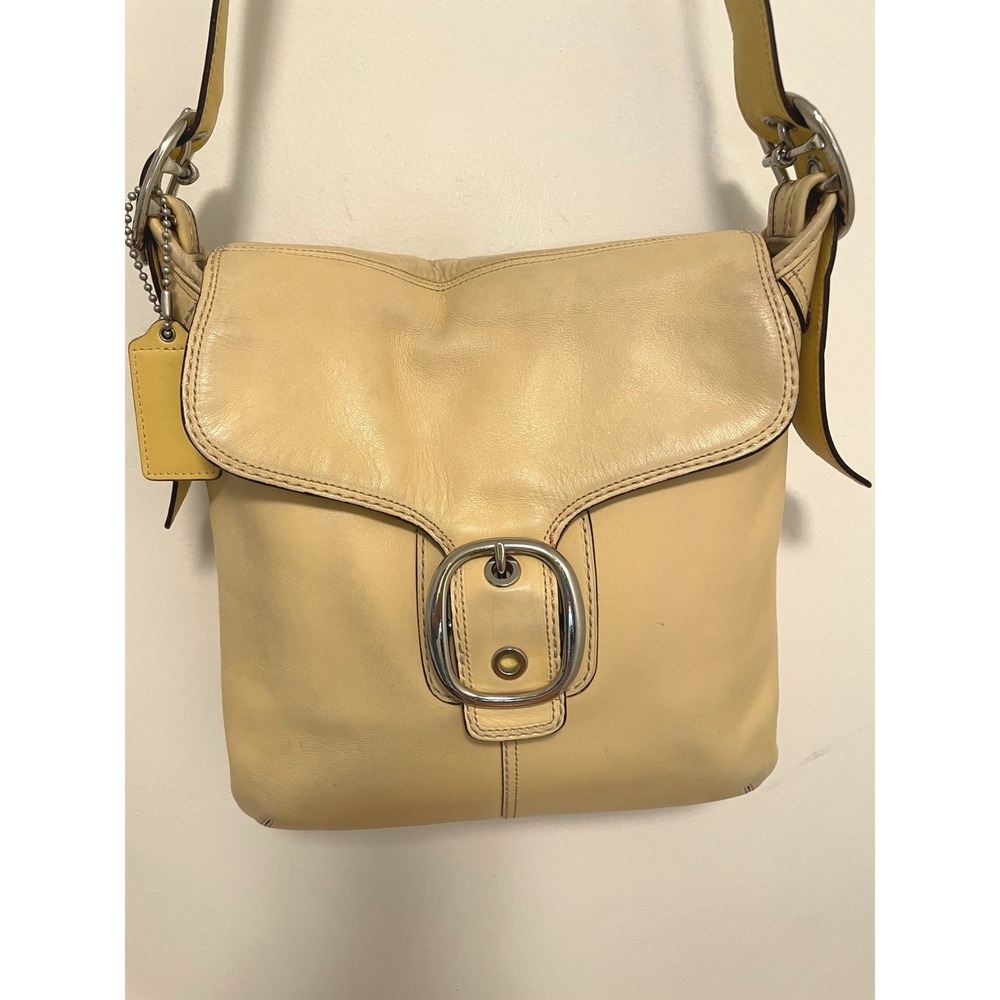 Coach Bleecker Leather Pale Yellow Buckle Flap Crossbody Shoulder Bag - Picture 2 of 12